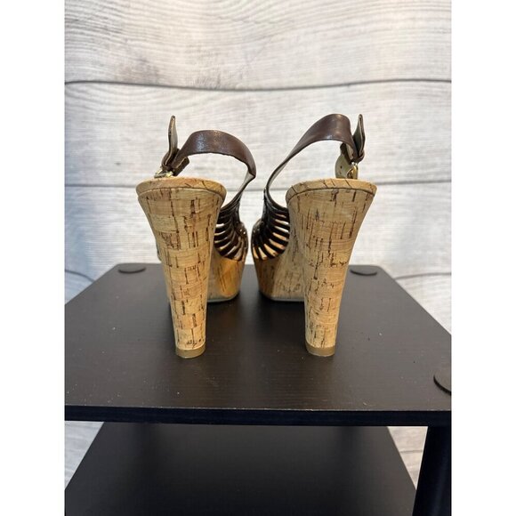 Guess Brown Cork Wedge Heeled Sandals With Adjustable Strap & Studded Detail - Picture 3 of 4